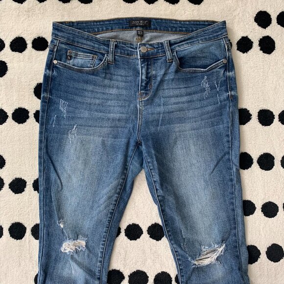 Judy Blue Mid Rise Dark Wash Distressed Stretch Denim Skinny Jeans - Picture 2 of 13